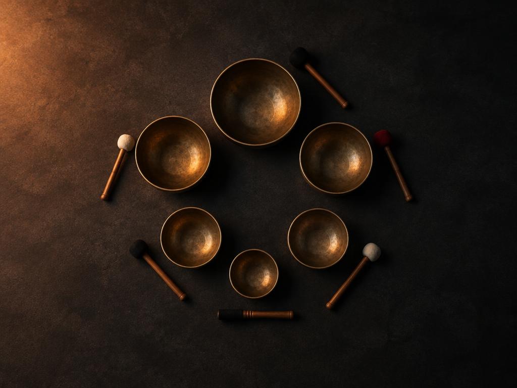 Singing bowls arranged in a circle on a dark floor, seen from above