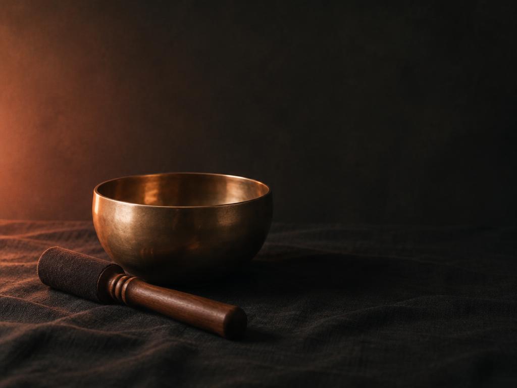 A bronze singing bowl and wooden mallet resting on dark linen